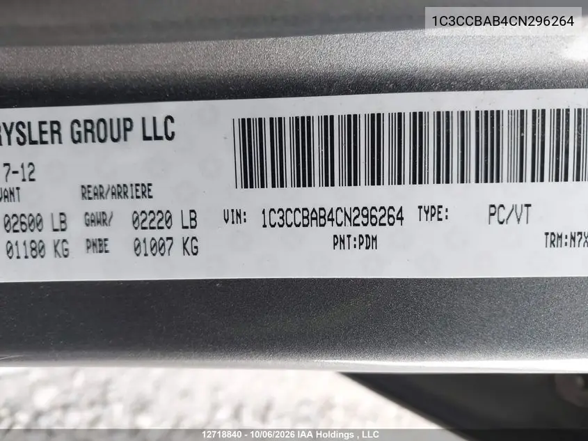 2012 CHRYSLER 200 VIN 1C3CCBAB4CN296264 — фото 9