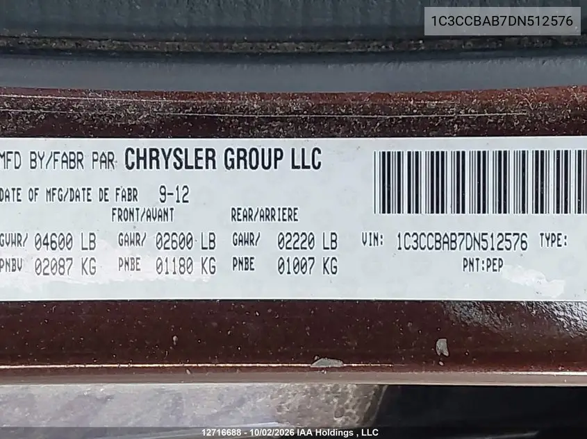 2013 CHRYSLER 200 VIN 1C3CCBAB7DN512576 — фото 9