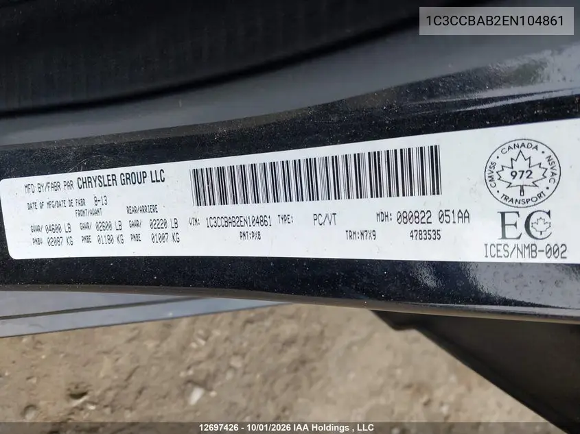 2014 CHRYSLER 200 VIN 1C3CCBAB2EN104861 — фото 9