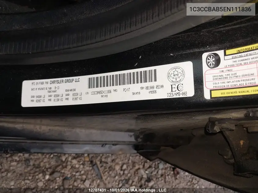 2014 CHRYSLER 200 VIN 1C3CCBAB5EN111836 — фото 9