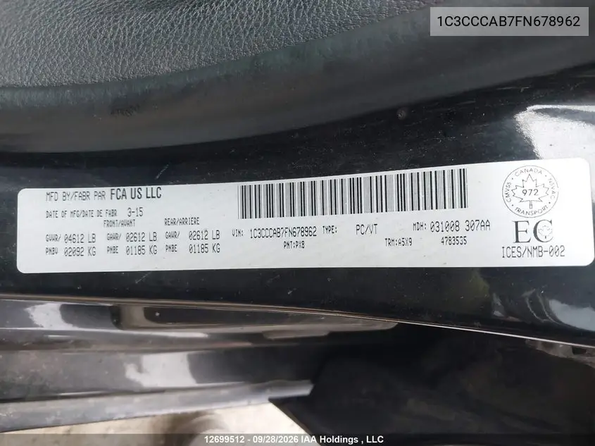 2015 CHRYSLER 200 VIN 1C3CCCAB7FN678962 — фото 9