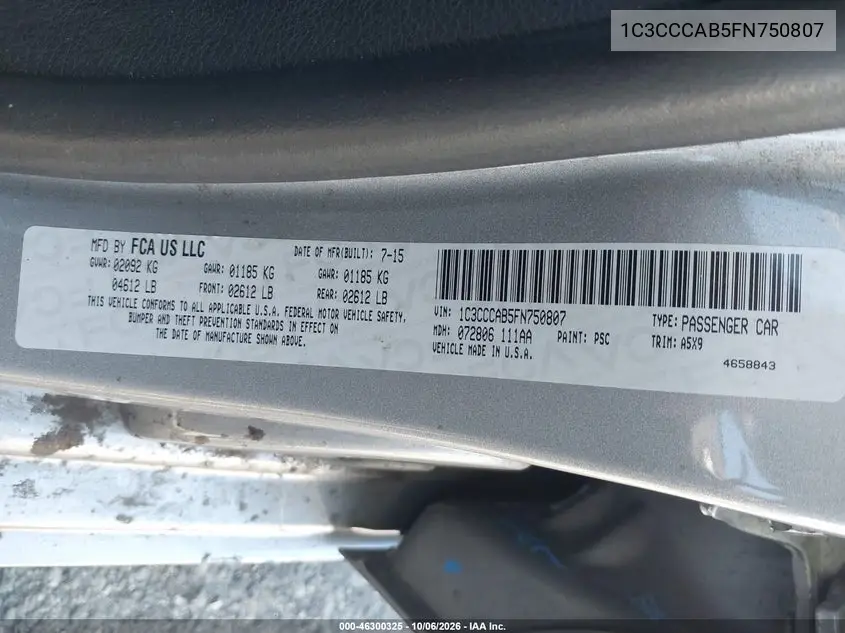 2015 CHRYSLER 200 VIN 1C3CCCAB5FN750807 — фото 9