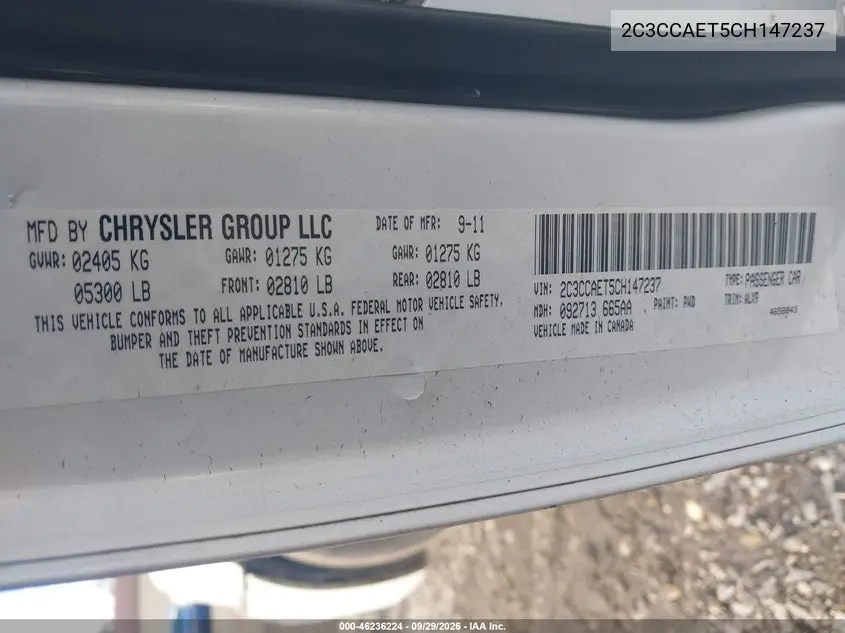 2012 CHRYSLER 300C VIN 2C3CCAET5CH147237 — фото 9
