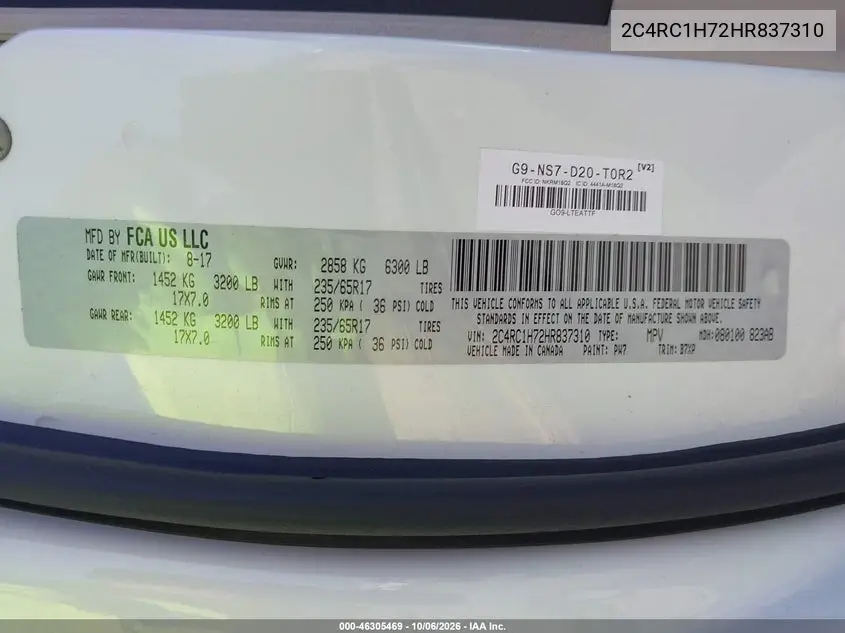 2017 CHRYSLER PACIFICA VIN 2C4RC1H72HR837310 — фото 9