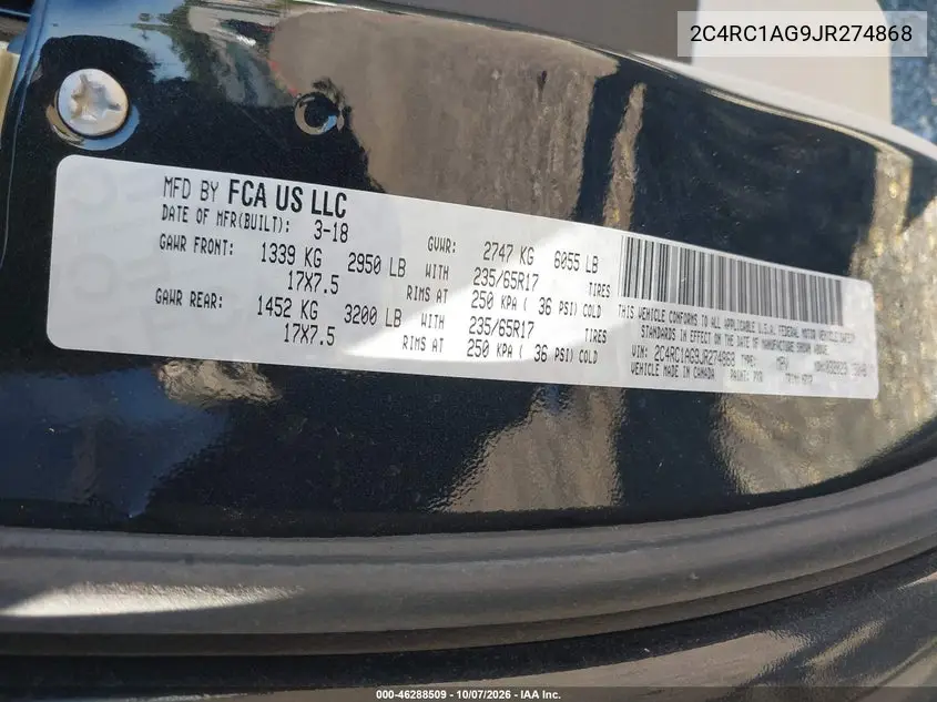 2018 CHRYSLER PACIFICA VIN 2C4RC1AG9JR274868 — фото 9