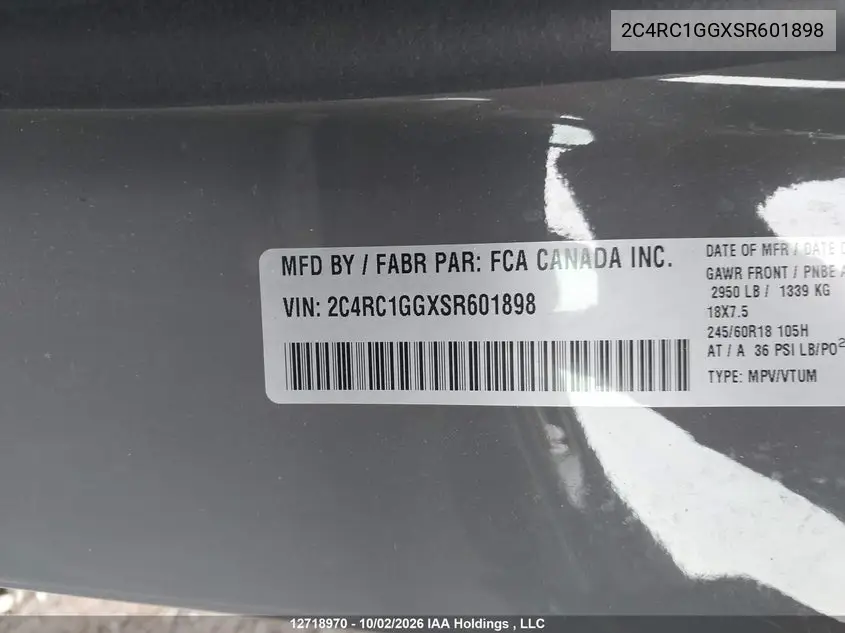 2025 CHRYSLER PACIFICA VIN 2C4RC1GGXSR601898 — фото 9