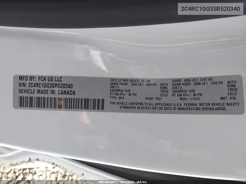2025 CHRYSLER PACIFICA VIN 2C4RC1GG3SR520340 — фото 9