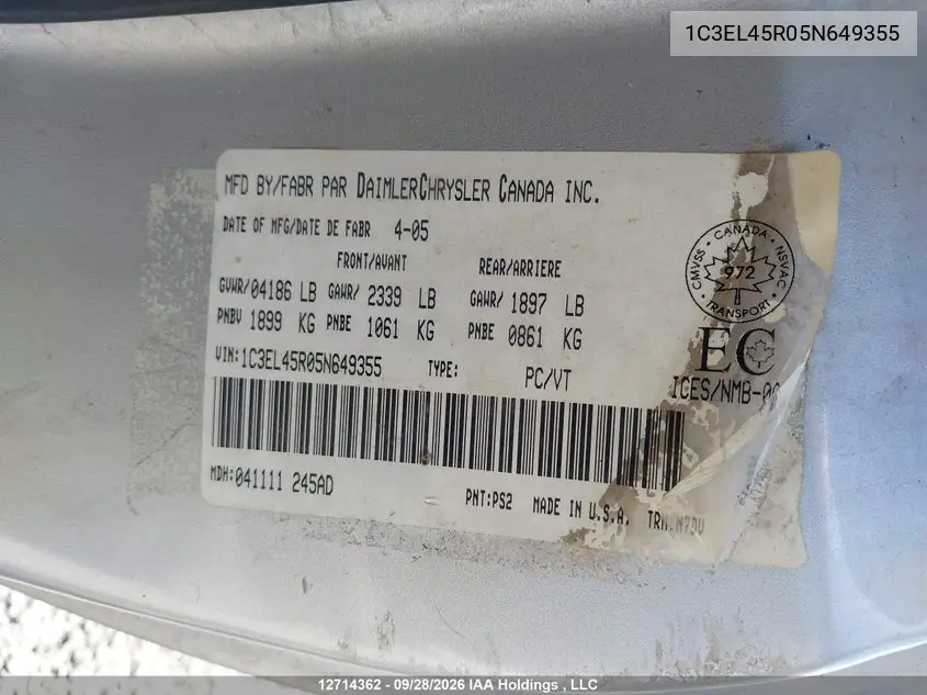 2005 CHRYSLER SEBRING VIN 1C3EL45R05N649355 — фото 9
