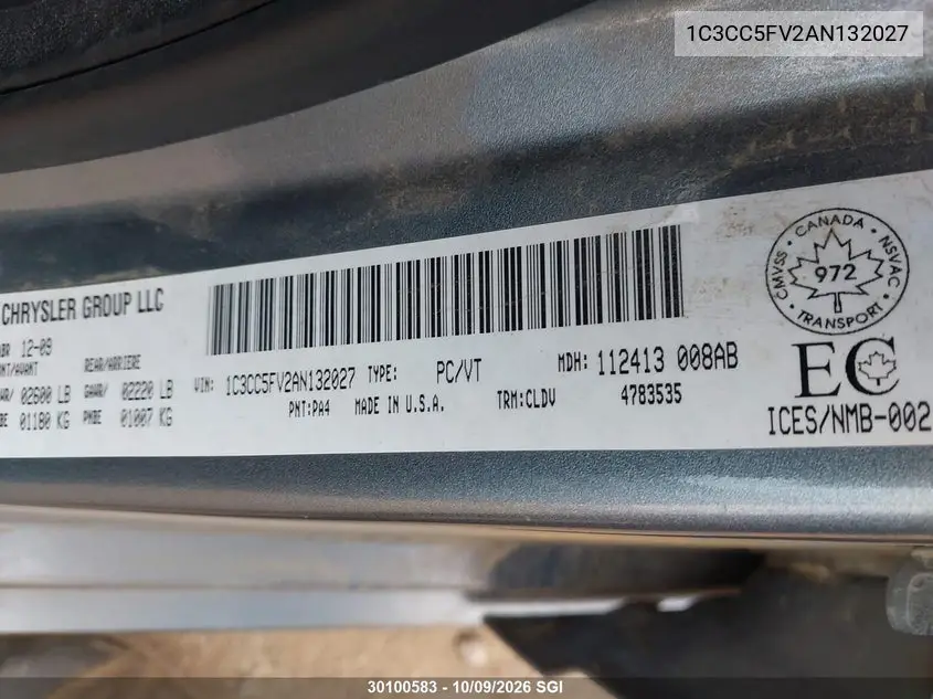 2010 CHRYSLER SEBRING VIN 1C3CC5FV2AN132027 — фото 9