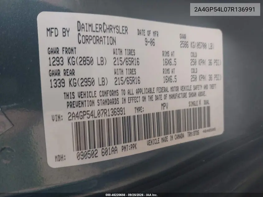 2007 CHRYSLER TOWN & COUNTRY VIN 2A4GP54L07R136991 — фото 9