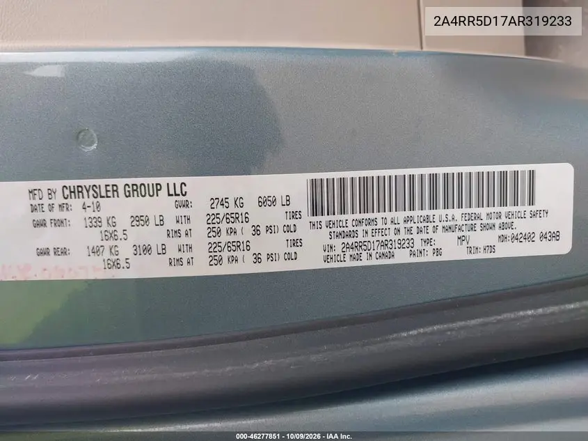 2010 CHRYSLER TOWN & COUNTRY VIN 2A4RR5D17AR319233 — фото 9