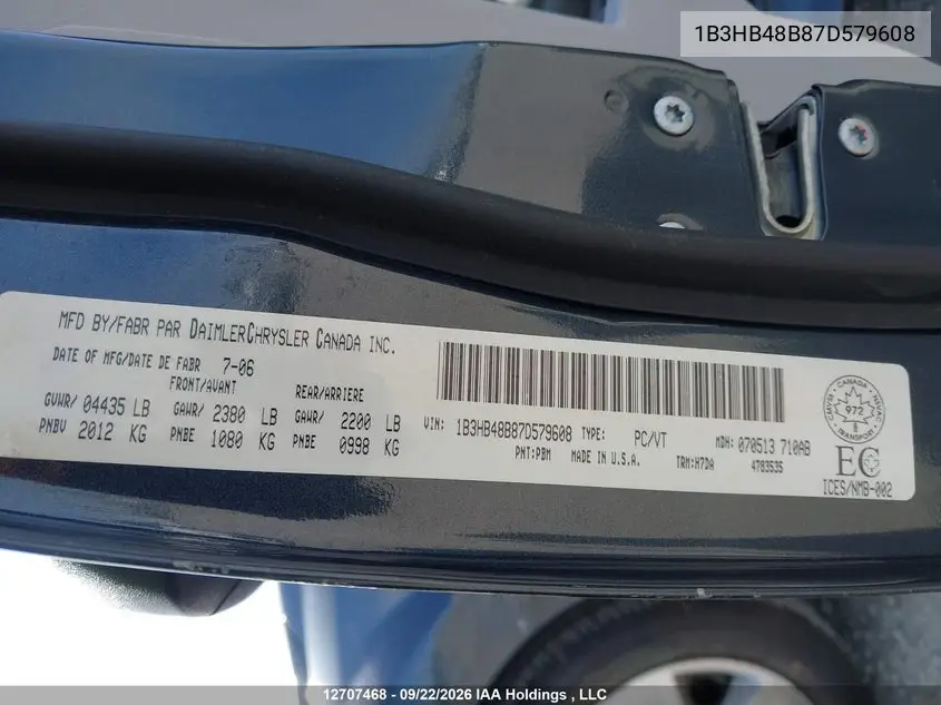 2007 DODGE CALIBER VIN 1B3HB48B87D579608 — фото 9