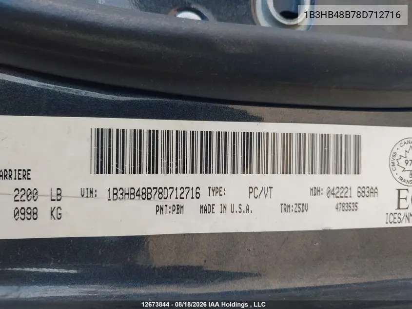 2008 DODGE CALIBER VIN 1B3HB48B78D712716 — фото 19