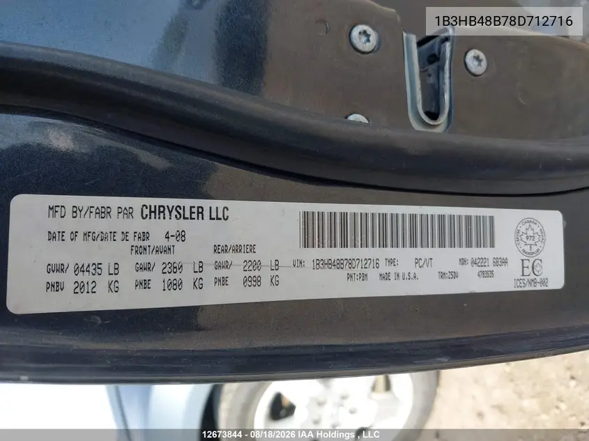 2008 DODGE CALIBER VIN 1B3HB48B78D712716 — фото 9
