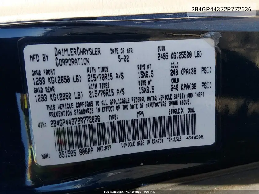 2002 DODGE CARAVAN VIN 2B4GP44372R772636 — фото 9
