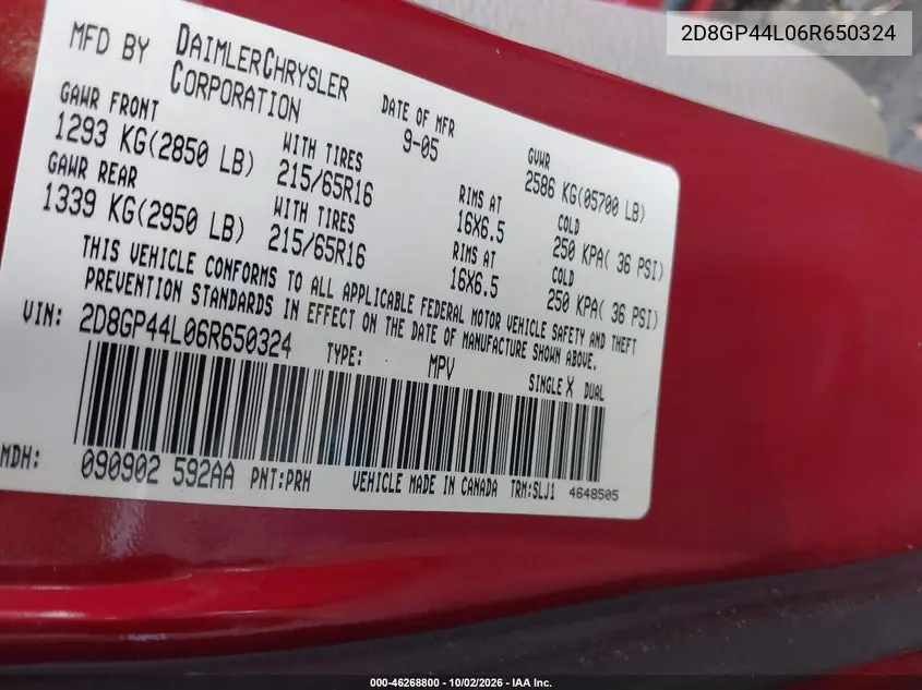 2006 DODGE CARAVAN VIN 2D8GP44L06R650324 — фото 9