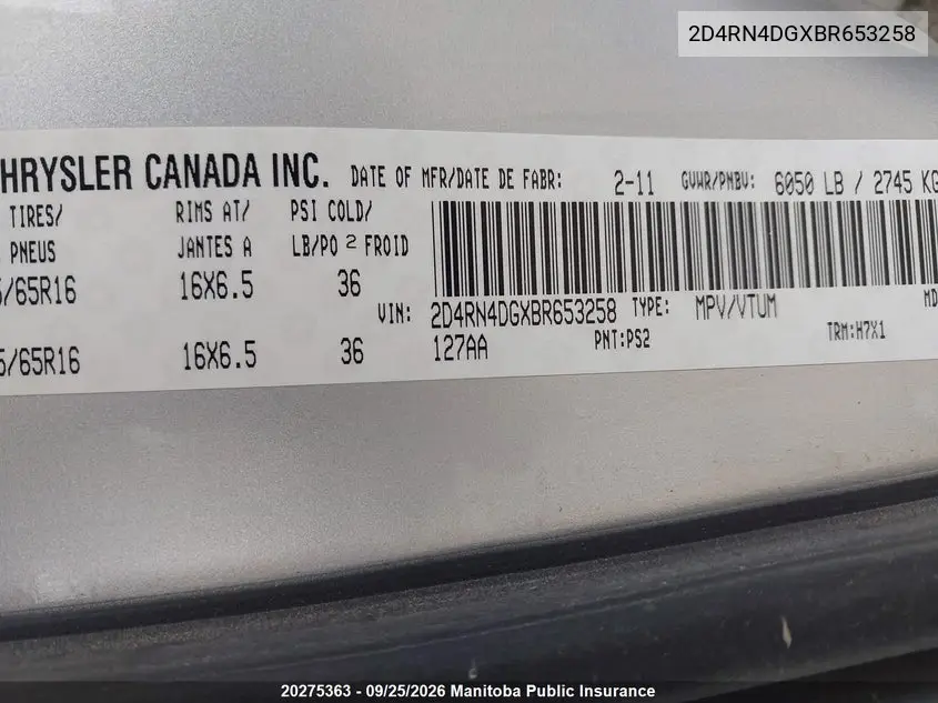 2011 DODGE CARAVAN VIN 2D4RN4DGXBR653258 — фото 8