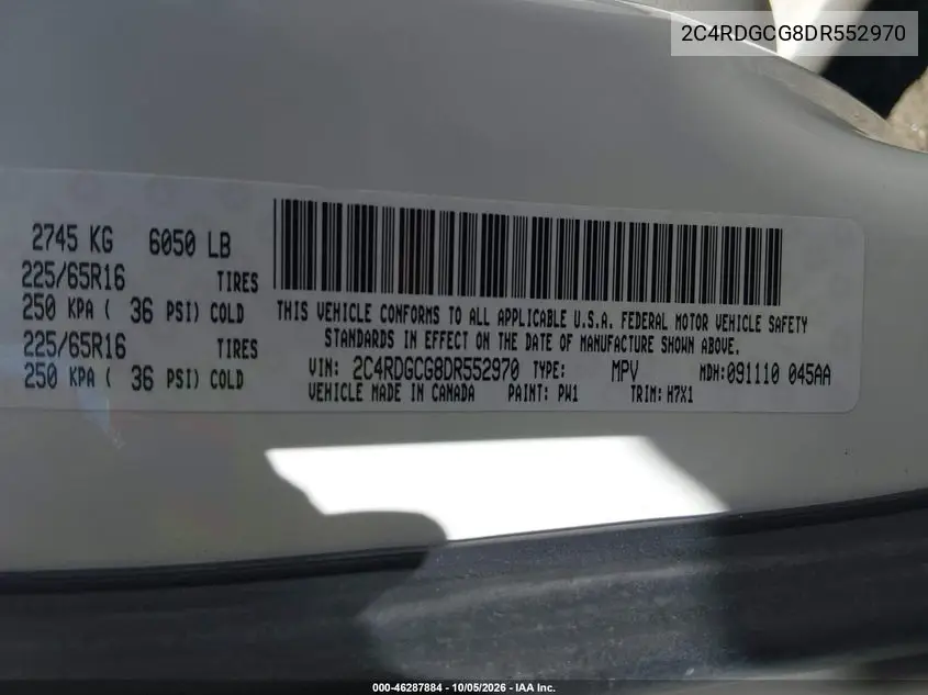 2013 DODGE CARAVAN VIN 2C4RDGCG8DR552970 — фото 9