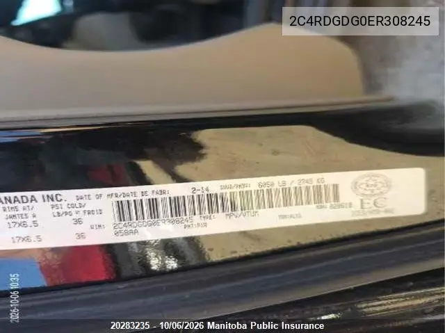 2014 DODGE CARAVAN VIN 2C4RDGDG0ER308245 — фото 9