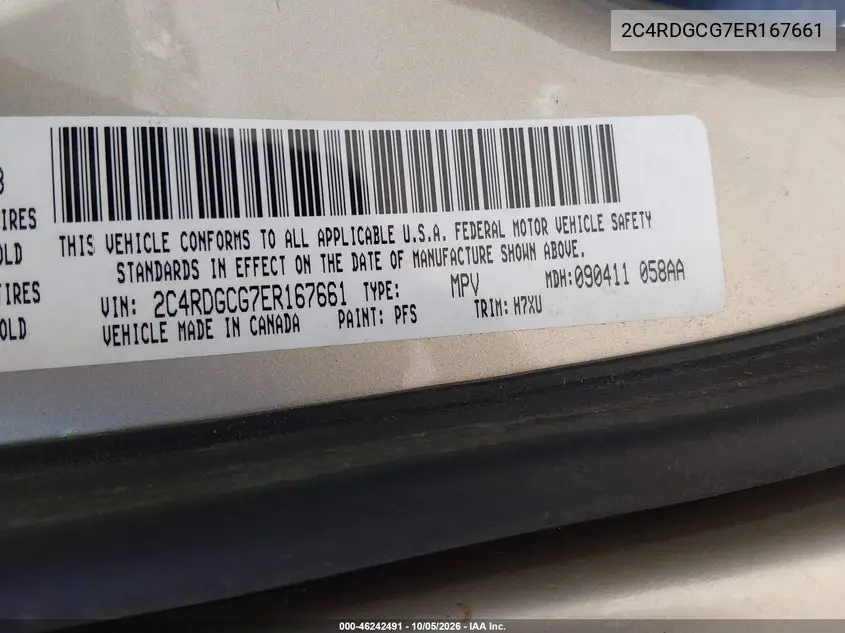 2014 DODGE CARAVAN VIN 2C4RDGCG7ER167661 — фото 9