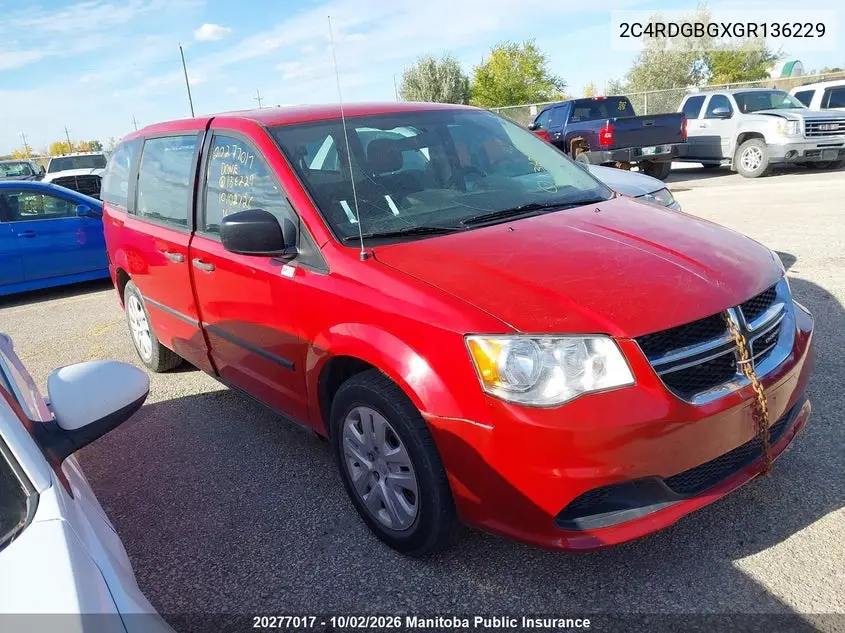 DODGE CARAVAN 2016, VIN 2C4RDGBGXGR136229
