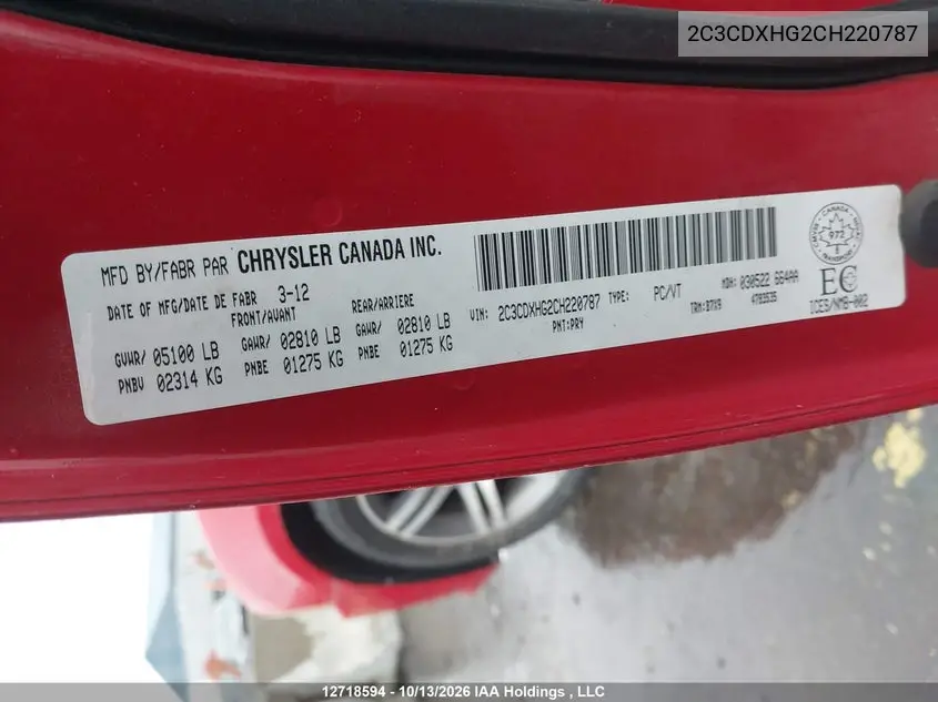 2012 DODGE CHARGER VIN 2C3CDXHG2CH220787 — фото 17