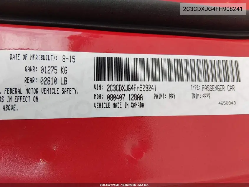 2015 DODGE CHARGER VIN 2C3CDXJG4FH908241 — фото 9