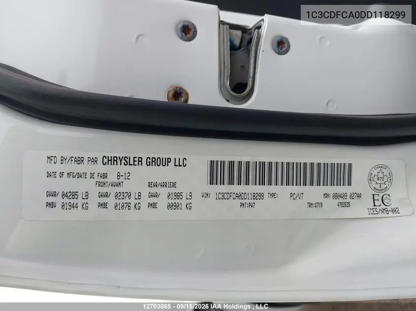 2013 DODGE DART VIN 1C3CDFCA0DD118299 — фото 9
