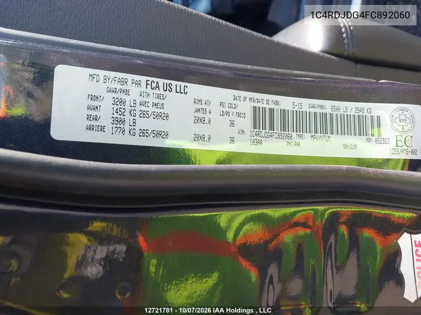 2015 DODGE DURANGO VIN 1C4RDJDG4FC892060 — фото 9