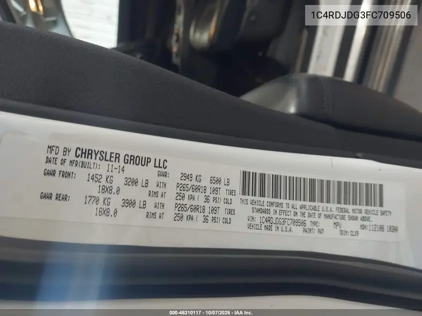 2015 DODGE DURANGO VIN 1C4RDJDG3FC709506 — фото 9