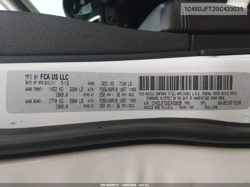 2016 DODGE DURANGO VIN 1C4SDJFT2GC433039 — фото 9