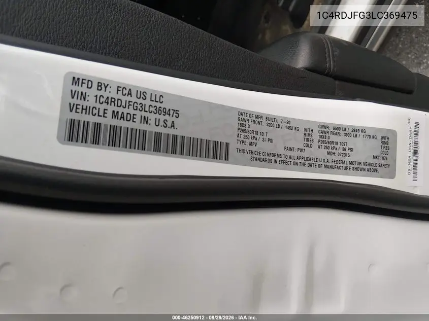 2020 DODGE DURANGO VIN 1C4RDJFG3LC369475 — фото 9