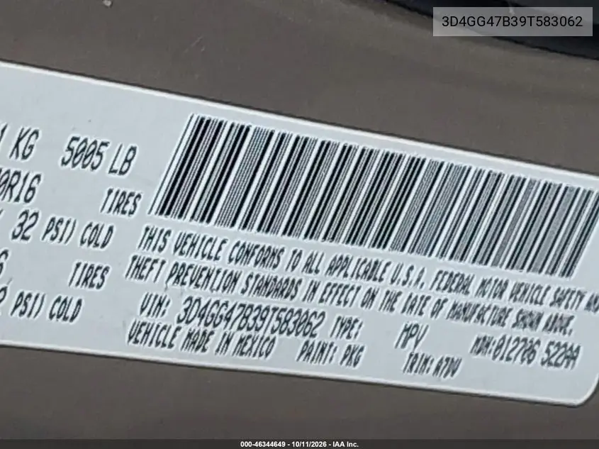 2009 DODGE JOURNEY VIN 3D4GG47B39T583062 — фото 9