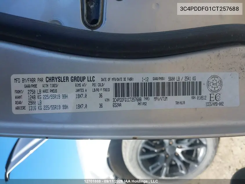 2012 DODGE JOURNEY VIN 3C4PDDFG1CT257688 — фото 9