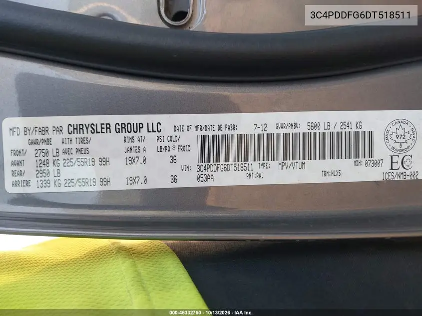 2013 DODGE JOURNEY VIN 3C4PDDFG6DT518511 — фото 9