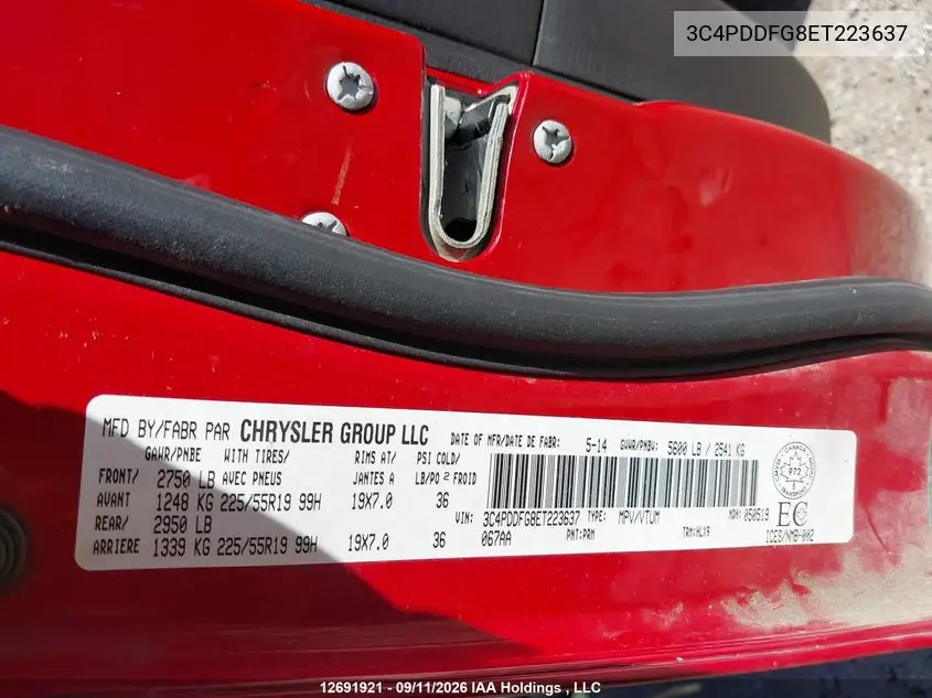 2014 DODGE JOURNEY VIN 3C4PDDFG8ET223637 — фото 9