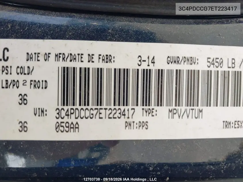 2014 DODGE JOURNEY VIN 3C4PDCCG7ET223417 — фото 20