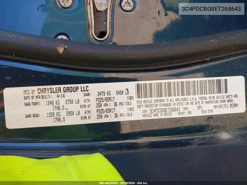 2014 DODGE JOURNEY VIN 3C4PDCBG8ET268643 — фото 9