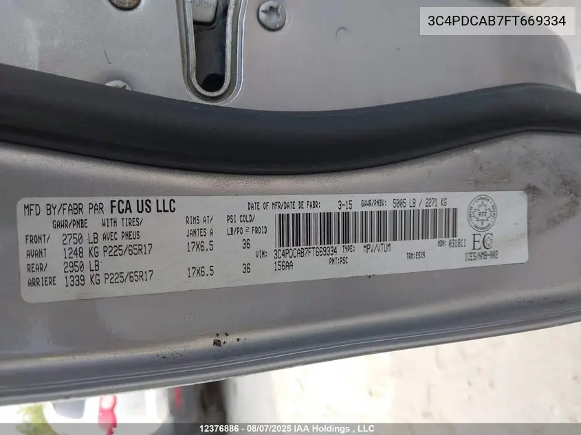 2015 DODGE JOURNEY VIN 3C4PDCAB7FT669334 — фото 9