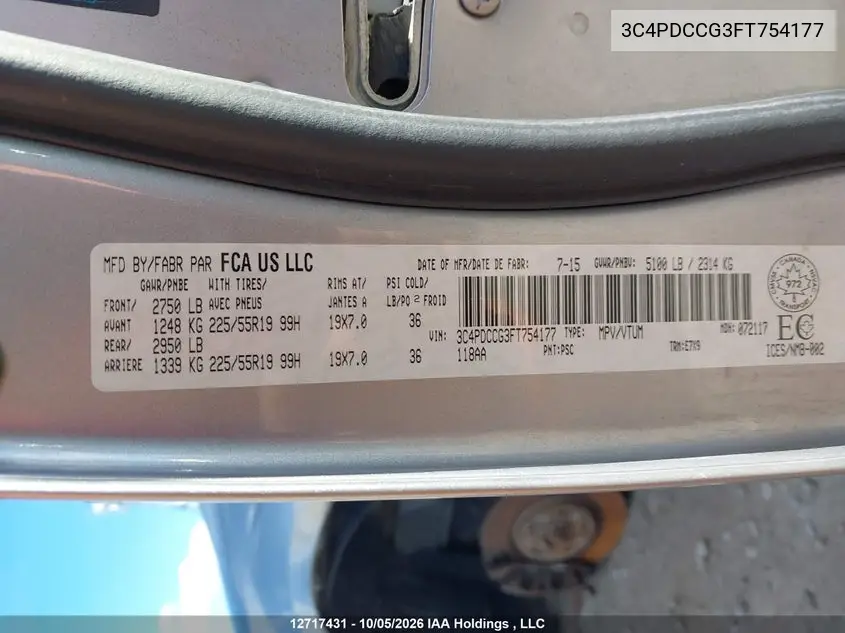 2015 DODGE JOURNEY VIN 3C4PDCCG3FT754177 — фото 9