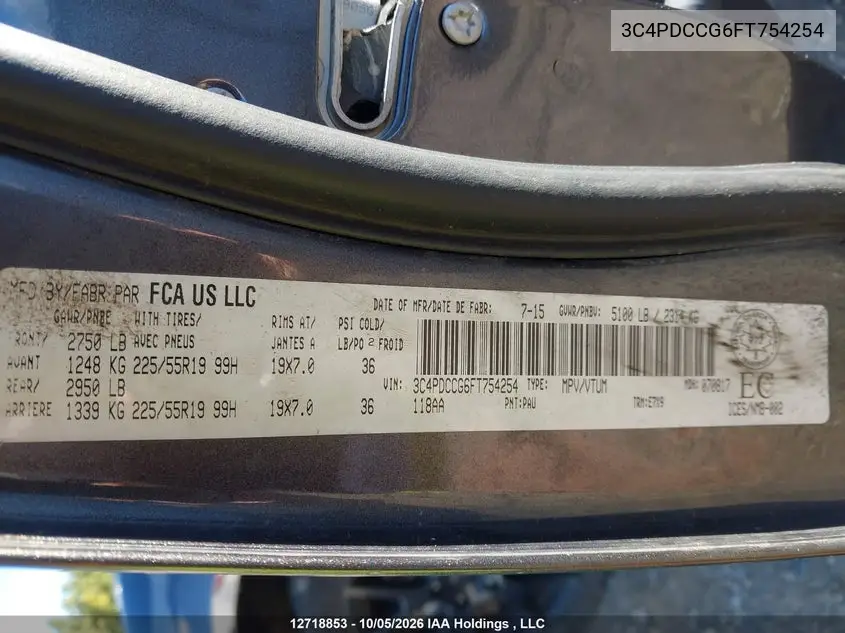 2015 DODGE JOURNEY VIN 3C4PDCCG6FT754254 — фото 9