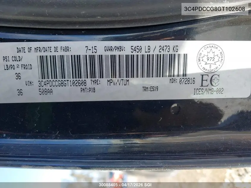 2016 DODGE JOURNEY VIN 3C4PDCCG8GT102608 — фото 9