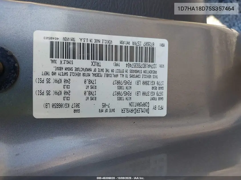 2005 DODGE RAM VIN 1D7HA18D75S357464 — фото 9