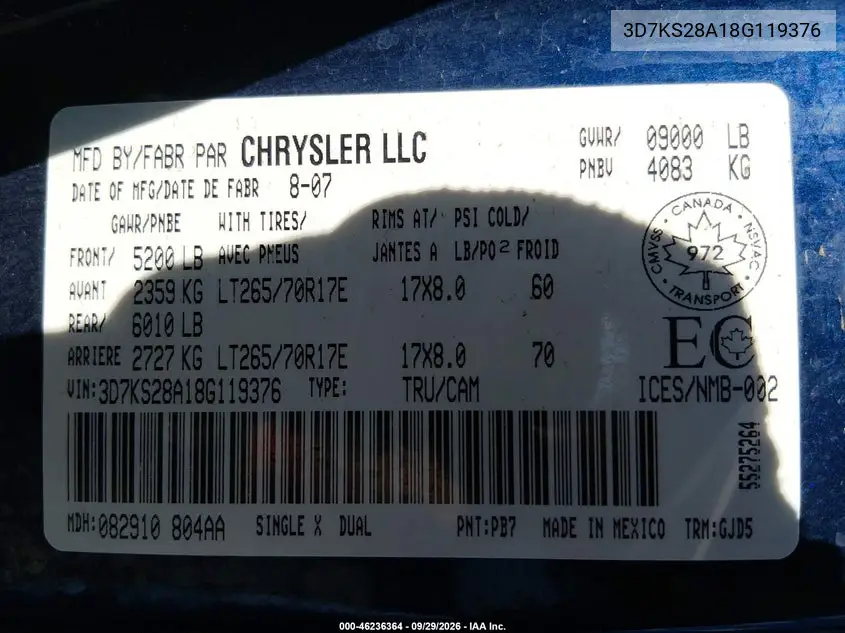 2008 DODGE RAM VIN 3D7KS28A18G119376 — фото 9