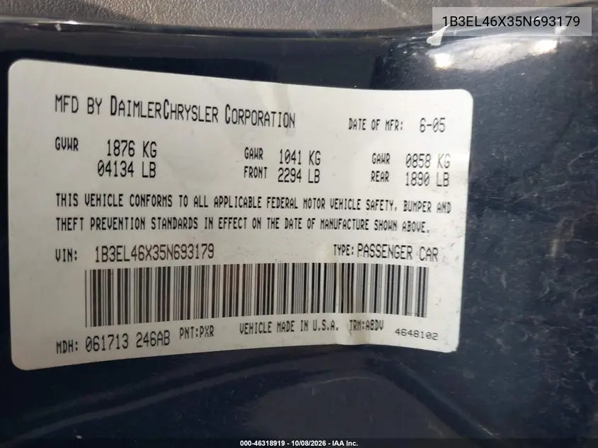 2005 DODGE STRATUS VIN 1B3EL46X35N693179 — фото 9