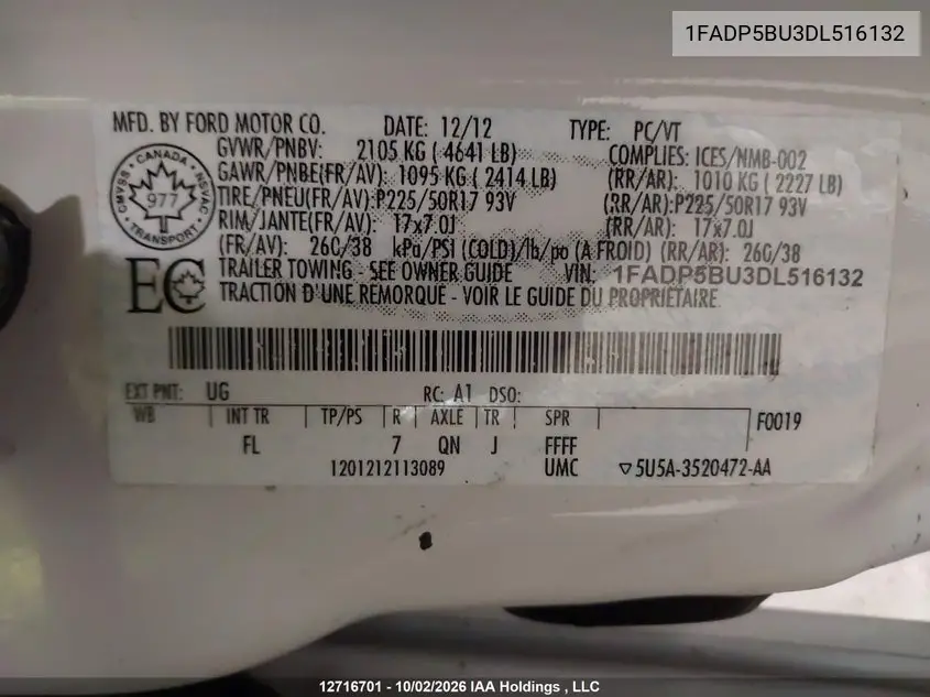 2013 FORD C-MAX VIN 1FADP5BU3DL516132 — фото 9