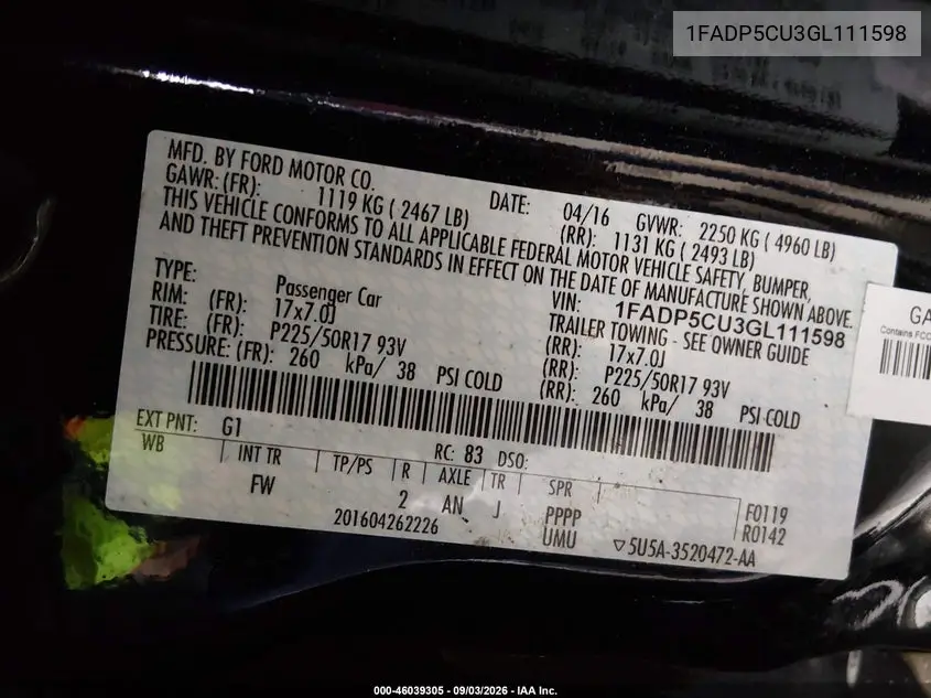 2016 FORD C-MAX VIN 1FADP5CU3GL111598 — фото 9