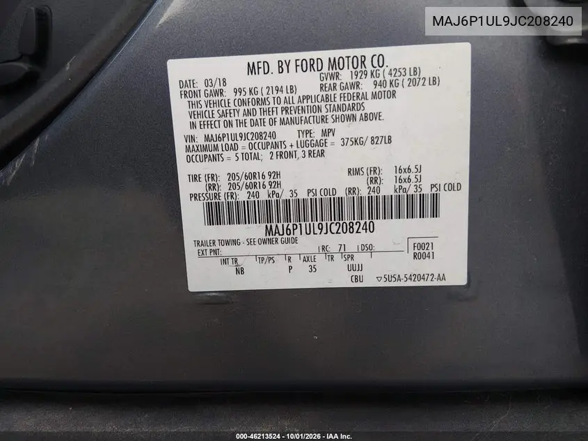 2018 FORD ECOSPORT VIN MAJ6P1UL9JC208240 — фото 9