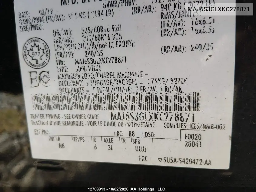 2019 FORD ECOSPORT VIN MAJ6S3GLXKC278871 — фото 19