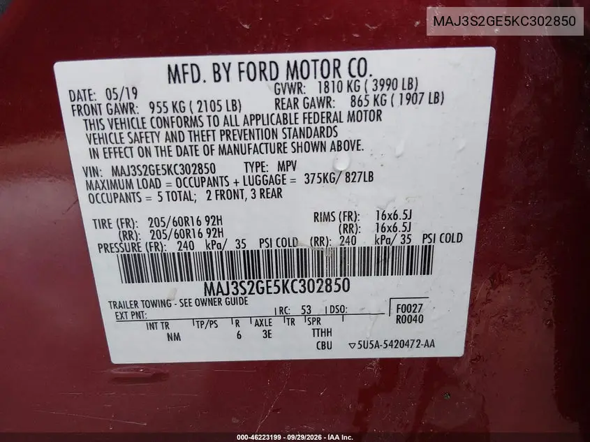 2019 FORD ECOSPORT VIN MAJ3S2GE5KC302850 — фото 9